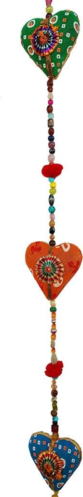 Craft N Copper Door Hanging Decorative Cotton Heart in Vibrant Color Stringed with Beads and Bell Indian Hanging Traditional Decoration 2 Layer (Multi)