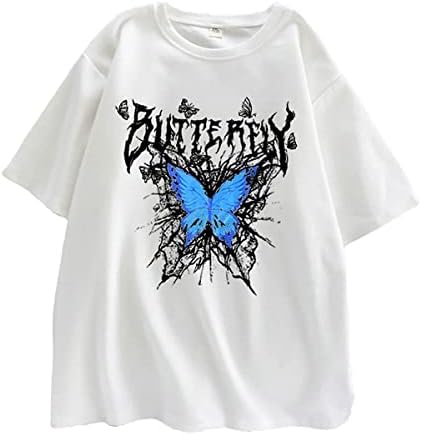 MEOKIM Gothic T-Shirt Round Neck T-Shirt Women Loose Dark ins Harajuku top Butterfly Print T-Shirt(XXL,White)