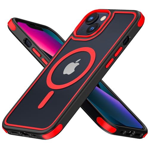 MobNano Coque Magnétique pour iPhone 13/iPhone 14, Compatible avec MagSafe, Hybrid Coque pour iPhone 13/14 avec Color, Protection Antichoc Militaire, Housse Anti Rayures - Noir/Rouge