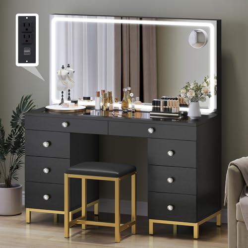 DWVO Vanity Desk with Led Lighted Mirror, Power Outlet and Magnifying Glass, 8 Drawers Makeup Table, 3 Color Modes for Bedroom and Dressing Room, Black