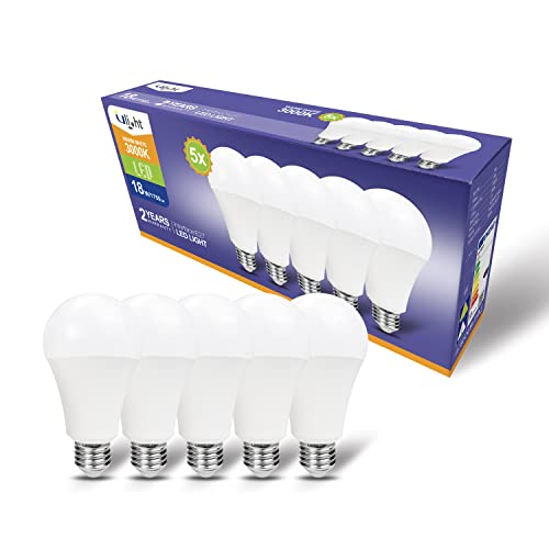 ULIGHT Lampadina LED A70 a Goccia da 18W, Equivalente Incandescente da 150W, Luce Calda 3000K, 1750lm, Fascio Luce 170°, 220-240V Attacco E27, Confezione da 5