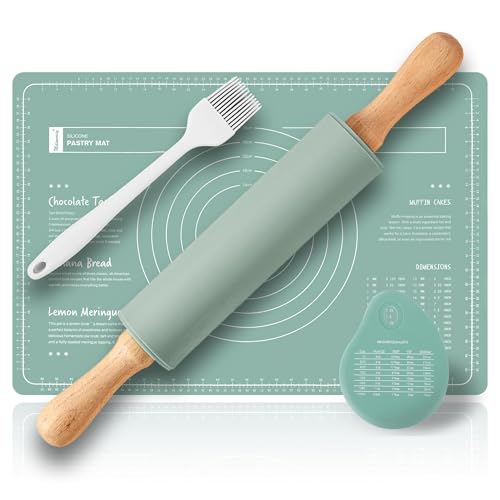 Metamorisy, Wooden Rolling pin & Silicone Baking mats Set,Pastry Brushes and Dough Scraper, 38cm Dough Roller,60X40 Silicone Pastry mat,Baking Set of 4 (Green)