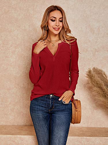 Dellytop 3Y3356RD1L Womens Casual Loose Long Sleeve Waffle Knit Tops V Neck Thermal Warm Shirts Light Pullovers Red thumb #2