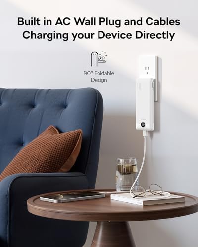 VEGER Portable Charger, 10000mAh Power Bank Built in Wall Plug and Cables | Ultra Slim&Compact, Charge 5 Devices at Once, Flight-Safe, Travel Essentials Battery Pack for iPhone 17, iPad, Samsung, etc