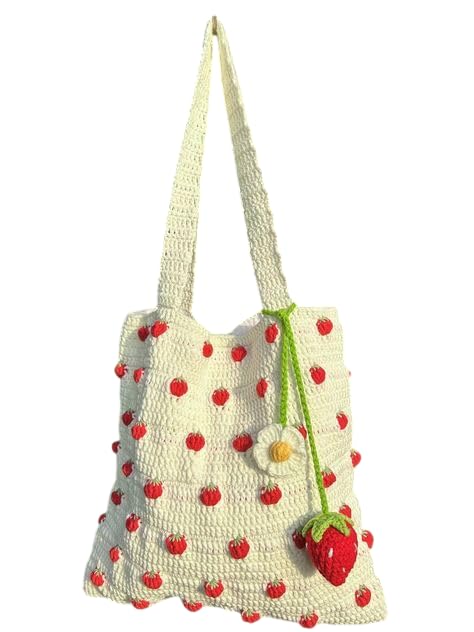 ZZARA Crochet Tote Bag, Cream and Red Strawberry Pattern, Casual Shoulder Handbag with Floral Charm Handmade Casual Cotton Handbag
