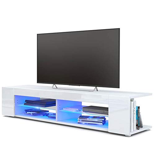 Mesa de TV para TV Mueble de TV Blanco Tablero de TV de Alto Brillo Mesa de Bar para TV Lowboard con luz LED Azul para la Sala de Estar, 133 x 30 x 40 cm(EU-Stecker)