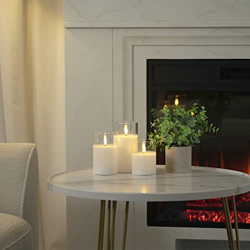 Image of Homemory Clear Glass Flameless Candles, Pure White Wax Battery Operated Candles, LED Pillar Candles with Remote Control and Timers, D3 H4 5 inch 6 inch, Set of 3