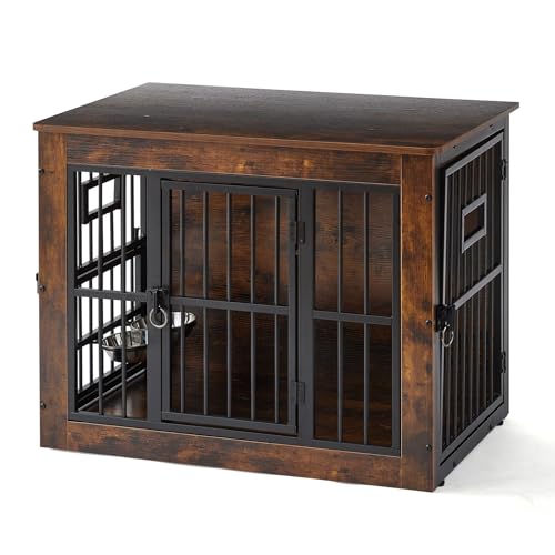 Gardner Pet Hundekäfig Möbel, 83cm Hundebox für Zuhause, Moderne Hundehütte Indoor mit 3 Türen und verstellbaren Näpfen, Hundehaus aus Metall und Holz für mittlere Hunde, 83x58x65 cm, Vintagebraun