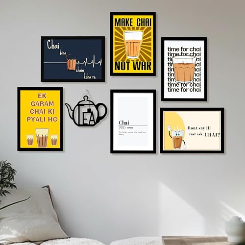 Image of PAINTINGMANTRA Chai TEA Retro Theme Kitchen & Cafe Framed Wall Art Painting Food Kitchen Quotes Painting With Frame Wall Decor for Home, Restaurant, Cafe, Set of 7 (1 MDF wall Hanging) 9x13 Inch
