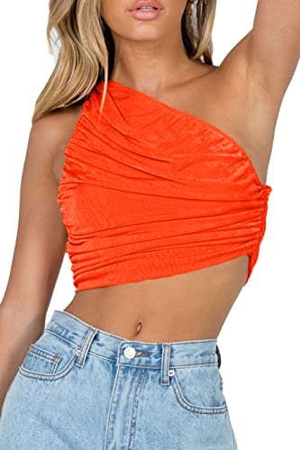 Chyrii Womens Teens Girl Sexy Cute One Shoulder Crop Tops Sparkly Ruched Cami Tank Tops Neon Orange Xs #TOP1
