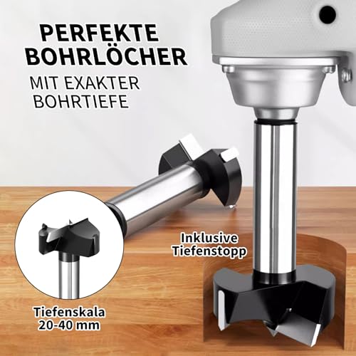 techextra Forstnerbohrer Set 15-20-25-30-35mm, Holzbohrer für Löcher, Scharnierschneider für Hartholz, Kunststoff, Sperrholz, Forstner Bohrer für Hölzer mit 150mm Stange 2 Verbinder