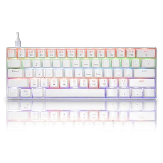 HUO JI 60% Wired Mechanical Keyboard Compact, 61 Keys Brown Switch Rainbow LED Backlit Gaming Keyboard, Mini Portable Office Work Keyboard for Windows Laptop PC Mac, White