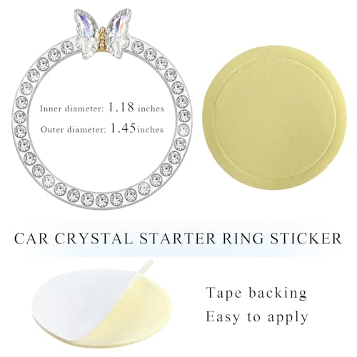 Image of DXNQ 2PCS Bling Ring Emblem, Sparkling Butterfly Car Buttons and Knobs Ring, Girly Butterfly Diamond Car Engine Start Button Cover, Key Ignition Knob Rings Decoration for Women (White, Single Row)