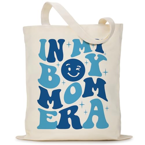 Puuonnnnno Boy Mom Canvas Tote Bag for Women New Mom Boy Mama, Canvas Shoulder Bag Reusable Grocery Shopping Bag, Gifts for Christmas Baby Shower Birthday, Gender Reveal Gifts