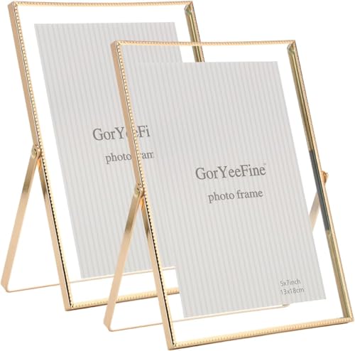 Gold 5x7 Floating Picture Frame Set of 2 For Photo Sizes (3.5x5 4x6) Beautiful Metal Beaded Photo Frames Adjustable Tabletop/Shelf Photo Frame Classy Gift Choice for Wedding Birthday Decor