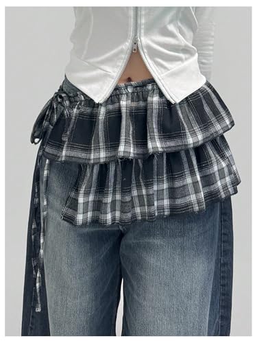 SHENHE Women's Plaid Layered Ruffle Side Tie Y2k Low Rise Coquette Wrap Micro Mini Skirt4