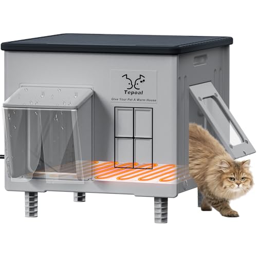 Indestructible Heated Cat House for Outdoor Cats in Winter, 100% Waterproof & Weatherproof Heated Cat House for Outside, Fully Insulated Feral Cat Shelter for Outdoor Barn Strays, 17.7 x 17 x 17.5 in