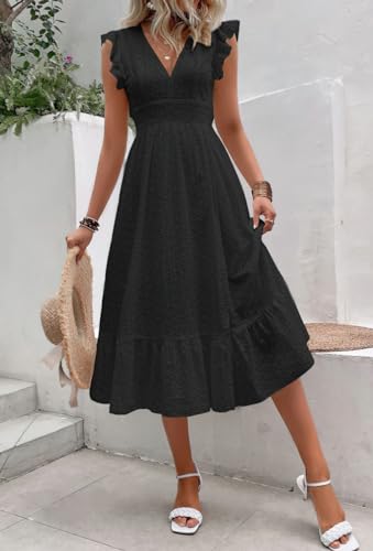 Image of chouyatou Women's Summer Flutter Sleeve Embroidery Eyelet Lace Dress V-Neck A-Line Beach Sun Dress