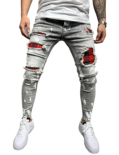 IDEALSANXUN Mens Stretch Skinny Jeans Pattern Slim Fit Ripped Jeans