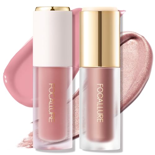 FOCALLURE Liquid Blush and Highlighter Duo - Velvety Weightless Face Makeup Set, Buildable Dewy Cheek Tint & Luminizer, Smudge-Proof Long Lasting, Natural Glow Cheekbones,Peach Fizz