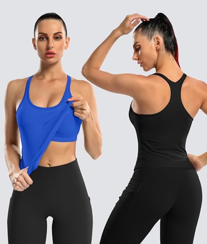 Image of ATTRACO Ribflex Ribbed Workout Crop Tops with Built in Bra for Women Yoga Racerback Tank Top Slim Fit