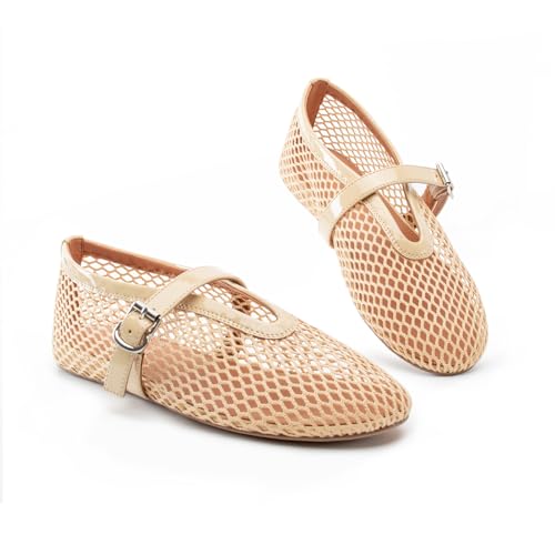 NIEARDAN Women Mesh Flats Buckle Strap Round Toe Comfy Causal Ballet Flats Fashion Mary Jane Fishnet Ballerina Flat Shoes,Size 09，Nude