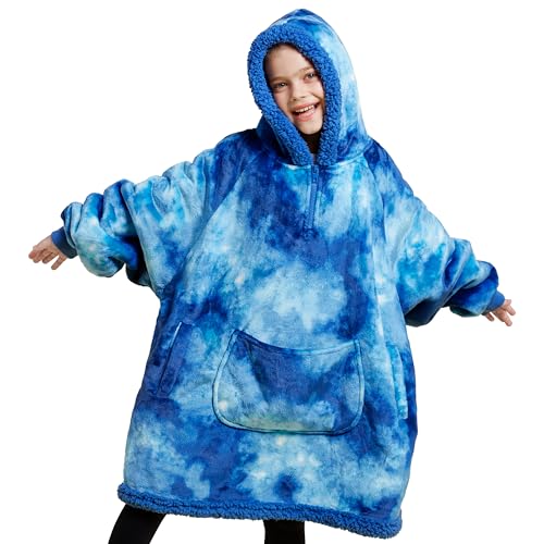 Image of Giggling Getup Wearable Blanket Hoodie for Girls and Boys Warm Cozy Sherpa Fleece Hooded Blanket Sweatshirt Oversized Hoodie with Giant Pocket & Sleeves for Kids Dark Blue Tie Dye