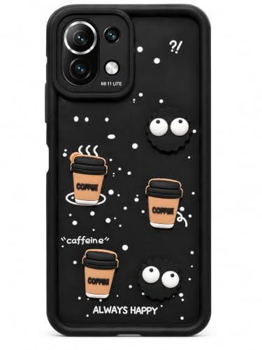 Image of Bintage Back Cover Compatible for Mi 11 Lite NE /Mi 11 Lite 5G | Cute Fun Ball | 3D Taddy Smiley Coffee | Milk Case | Full Body Protection - Black