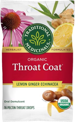 Image of Traditional Medicinals Organic, Throat Coat Lozenges, Lemon Ginger Echinacea - Herbal Cough Drops, Helps Soothe Sore Throat - Non-GMO, Stimulant-Free - 16 Count (Pack of 12)