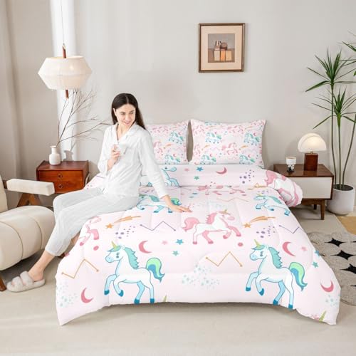 Image of Erosebridal Girls Unicorn King Comforter Set Pink and Blue Unicorns Bedding Set for Kids Child Stars Astrology Comforter Fantasy Girls Room Decor Cartoon Unicorn Horse Quilt Kawaii Bed Set