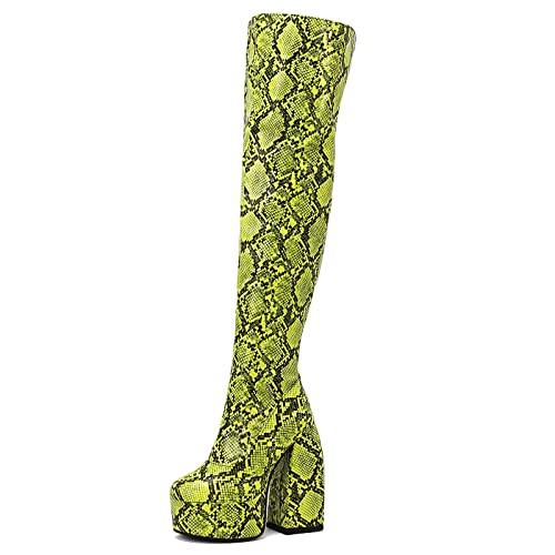 Gicoiz Women Over The Knee Round Toe Snakeskin Boots
