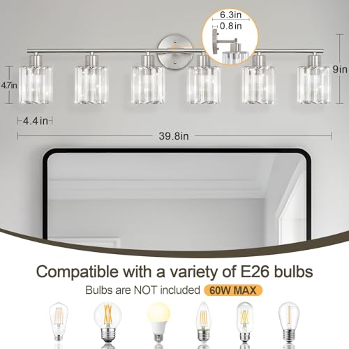 Image of Modern Brushed Nickel Crystal Bathroom Light Fixtures,6-Light | Bathroom Lighting Fixtures over Mirror,Vanity Lights for Mirror, Restroom(Ceramic E26 Socket,Bulbs Not Include)