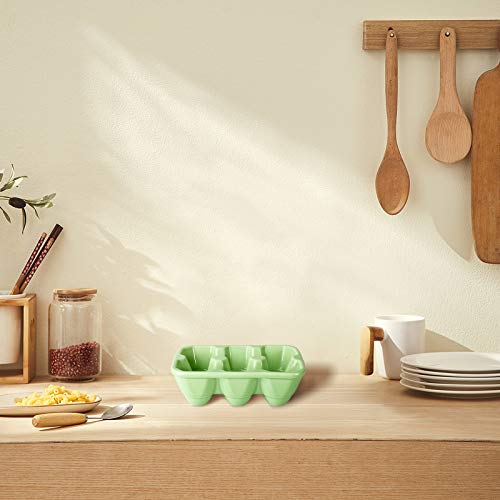 AVLA Set of 3 Ceramic 6 Cup Egg Tray - Half Dozen Porcelain Egg Holder Decorative Crate Eggs Dispenser Container Keeper Storage Organizer for Kitchen Restaurant Fridge Countertop Display, Green