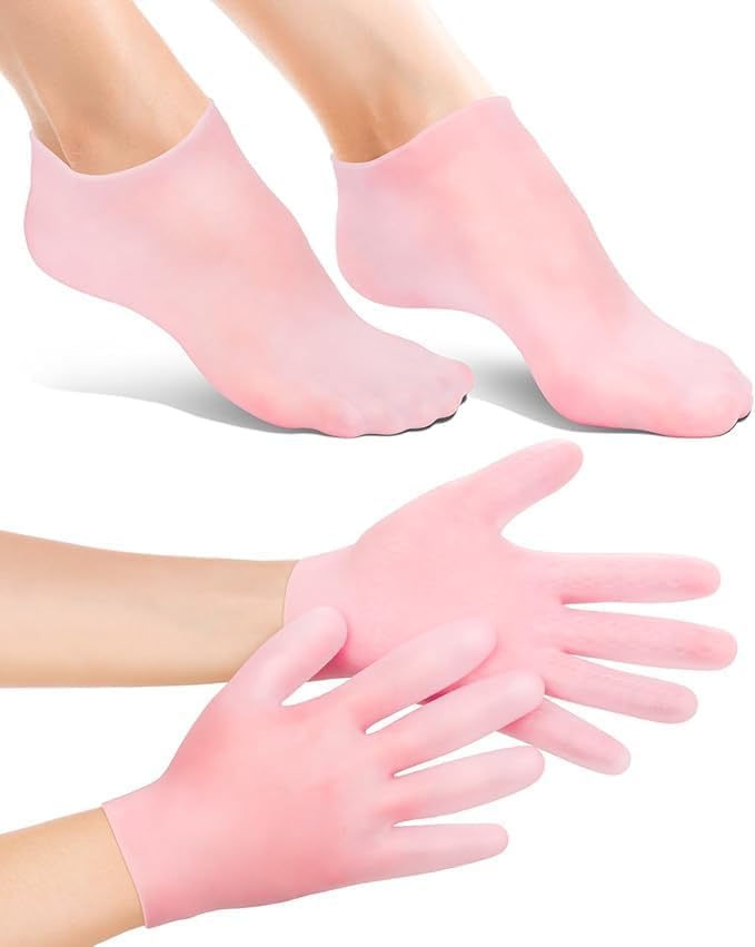 Moisturizing Silicone Gloves and Socks Set, Pink, Intensive Hand and Foot Care Treatment for Dry Skin