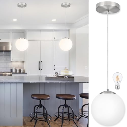 KoKo&Yukina 8 Inch Globe Pendant Light Nickel Globe Pendant Lights Kitchen Island Mid Century Light Fixture with Milky White Glass Shade Adjustable Lights for Dining Room