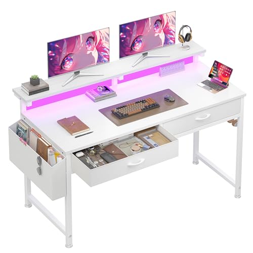 Image of DurayLoly 47.3 Inch Computer Desk with 2 Drawers & LED Lights, Home Office Desk with Side Pocket, Gaming Desk with Monitor Stand, Study Writing Table for Small Spaces, White