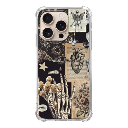 Fisgerod Dark Academia Aesthetic Collage Phone Case for iPhone 16 Pro Max, Skeleton Heart Butterfly Phone Cover, Soft Trendy TPU Bumper Cover Case