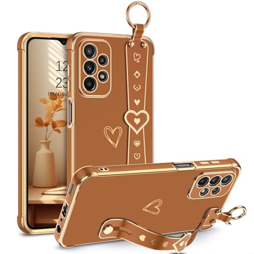 Image of GUAGUA for Samsung Galaxy A23 4G /5G Case, Galaxy A23 Phone Case, Slim Flexible TPU Plating Love Heart with Wristband Kickstand Shockproof Protective Phone Case for Samsung A23 4G /5G 6.6 Inch, Brown
