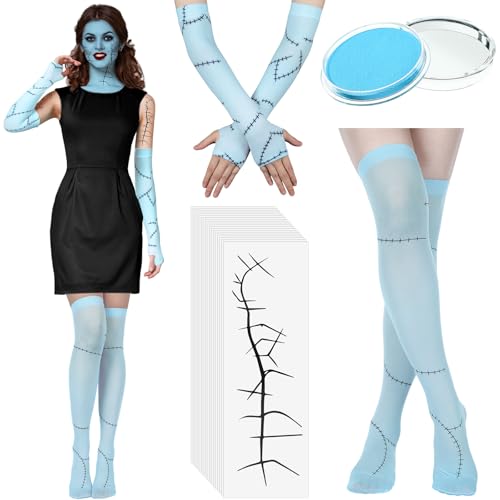 Zoooyawn 13 PCS Halloween Costume for Women Halloween Scar Arm Sleeves Thigh Highs Stocking Socks 10 Sheets Scars Tattoos and Face Body Paint for Nightmare Cosplay Night Party Christmas Accessories