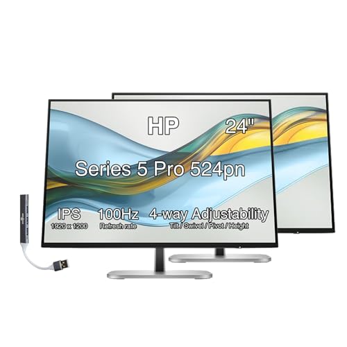 Image of HP Series 5 Pro 24 inch 100Hz WUXGA IPS Monitor Adjustable Tilt, Swivel, 2Pack | Pivot, Anti Glare, Flicker Free, VESA Mount (100mm) & Dockztorm USB Port Expander, Black /Silver, 2 Pack