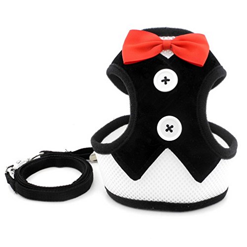 Selmai Vest Harnesses And Leash Set For Small Dog Cat Cute Pet Adjustable No Pull Boy Puppies Tuxedo Gentleman Suit Bow Tie Decoration Velvet Soft Mesh Padded Yorkie For Walking Leads Outdoor Black S #TOP2