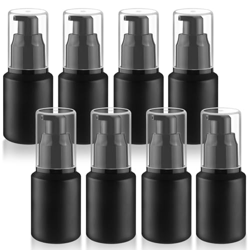 8 Pcs 30ml/1oz Frosted Glass Bottles Empty Pump Dispenser Jar Travel Lotion Vials with Plastic Pump for Toiletry Liquid Foundation Cream Cosmetic Samples - Black