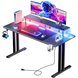 HLDIRECT 47 Inch Gaming Desk with LED Lights & Power Outlet, Computer Gamer Desk with Monitor Stand, Ergonomic Carbon Fiber Gaming Table Home Office Desk with Cup Holder (47INCH)