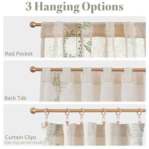 Image of jinchan Green Floral Linen Kitchen Tier Curtains 50x45 Inch 2 Panels