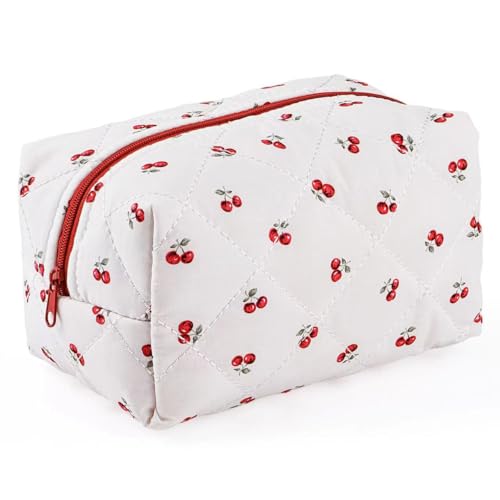 Image of Floral Quilted Makeup Bag - Cosmetic and Skincare Product Pouch, Fashionable Travel Puffy Coquette Makeup Bag, Small Cute Cherry Design
