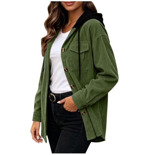 Womens Corduroy Jacket Hooded Button Down Chest Pockets Work Casual Shacket | Oversized Comfort Hoodies, Loose Fit Tunics, Soft Ribbed Texture, Flannel Shirts, Hood with Drawstring, Fall Winter Layering - image 4