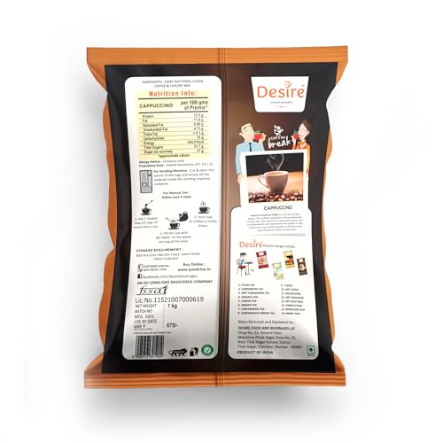 Image of Desire Coffee Premix-Cappuccino Coffee Premix For Vending Machine, Coffee Powder Bag For Coffee Machine Or Manual Use-1 Kg Pack Serves 80 Cups-Just Add Hot Water & Enjoy