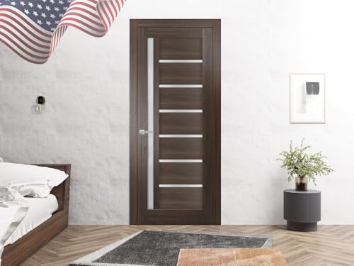 Sartodoors Quadro 4088 | 36 x 80 | Chocolate Ash Interior Single Swing Door with Frosted Glass | Solid MDF Door in Modern French Style | Hardware Included