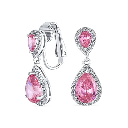 Pink Teardrop CZ Halo Prom Drop Statement Chandelier Clip On Earrings Simulated Pink Tourmaline Cubic Zirconia Silver Plated Brass