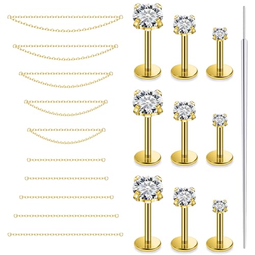 Lsnevsie 18G Threadless Flat Back Earrings Nose Rings Studs Chain Piercing Surgical Steel CZ Lip Nose Rings Stud Tragus Helix Conch Cartilage Earrings Piercing Jewelry For Women Men 18 Gauge Gold by Lsnevsie - Used condition - US$11.07
